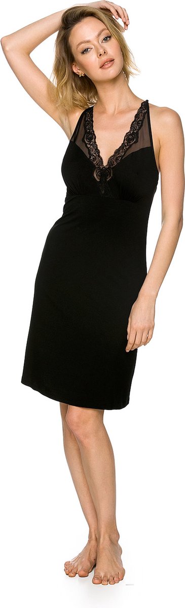 Dames Nachtjapon Ella-Zwarte Slipdress-Diepe Rugdecolleté-Superzachte MicroModal-Vochtabsorberend-Maat M