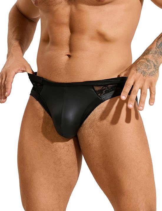 Slips sexy pour hommes en cuir et dentelle - taille M/L - BDSM - sous-vêtements pour hommes en dentelle de cuir sexy noir - sous-vêtements en latex pour hommes clubwear hommes érotiques