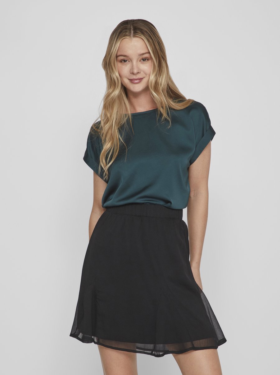 VILA Dames Satijnen Blouse T-Shirt Korte Mouw Basic Ronde hals Top Glanzende Tuniek Blouse Top VIELLETTE