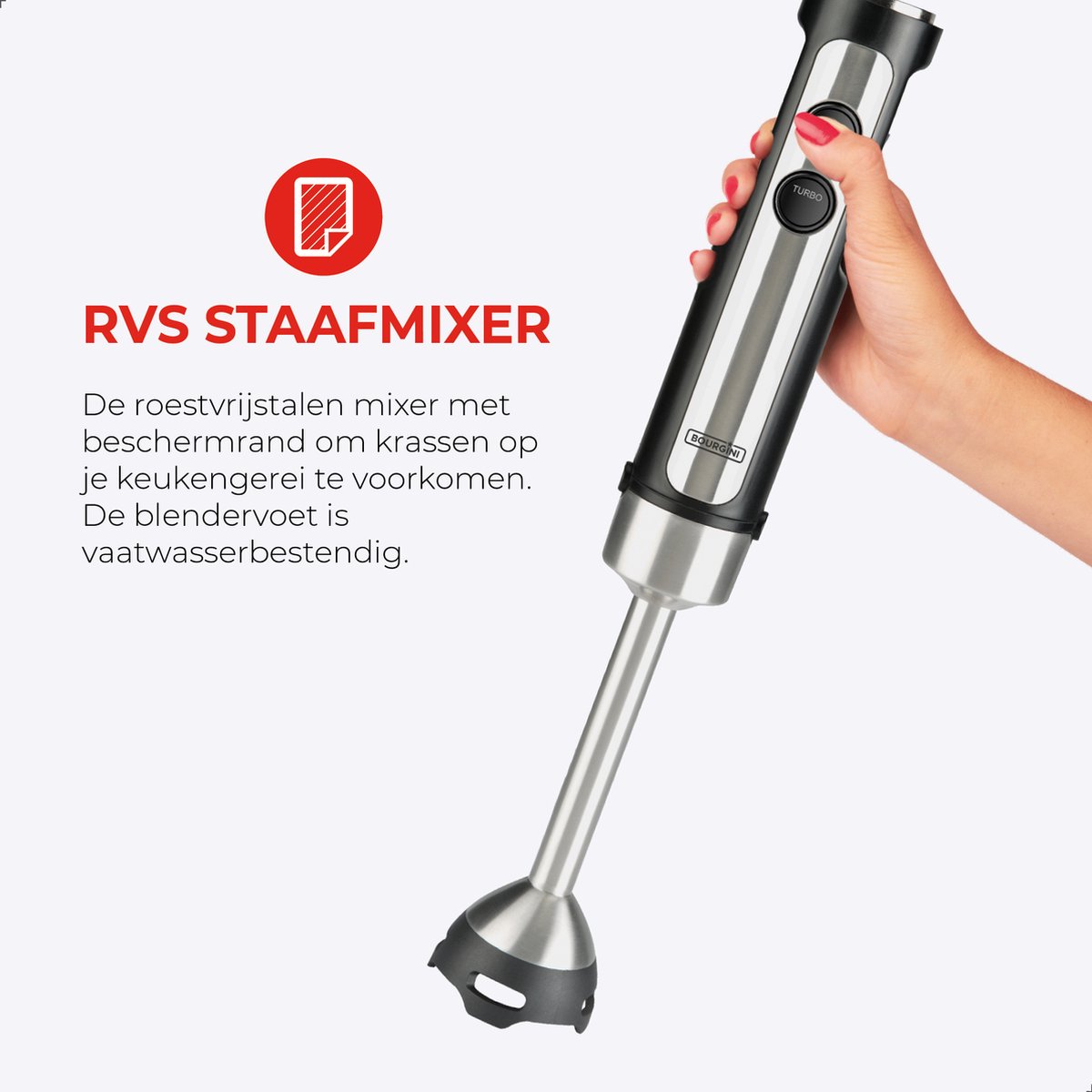 Bourgini Staafmixer - 4-delige Krachtige RVS Staafmixer set -20 snelheden - Garde - Hakmolen 600ml - Maatbeker 800ml - 1500W – foto 6
