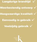 Tekst: Langdurige brandtijd, Weerbestendig ontwerp, Hoogwaardige kwaliteit, Eenvoudig in gebruik, Veelzijdig gebruik. Logo: Kristen Since 1862.