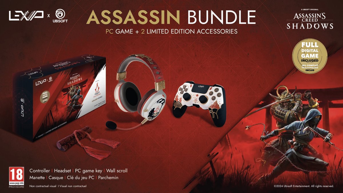 LEXIP Assassin's Creed Shadows "ASSASSIN" Bundel - Draadloze gaming headset en draadloze controller inclusief volledige PC versie game - Exclusief design i.s.m. UBISOFT - Multicolor