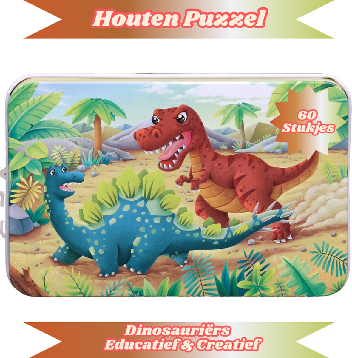 Leerkracht Houten Puzzel - Tweezijdig - Metalen Opbergdoos - Dino Wereld & Dierenthema - 60 Stukjes - Educatief - Speelgoed