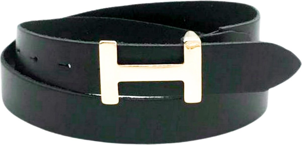 Zwarte Leren Riem Gouden H Gesp - Trendy Dames Riemen Leer - Maat 85 - Breed 2 CM - Elegant - Zwart