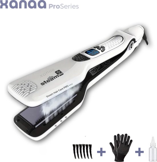 XANAA® ProSeries | Stoom Stijltang Steamplus | Professionele Stoomstijltang | Brede Platen | stoomstijltang | Incl. Handschoen & Haarclips | Keramische platen | 150 - 230°C | stijltang met stoomtechnologie