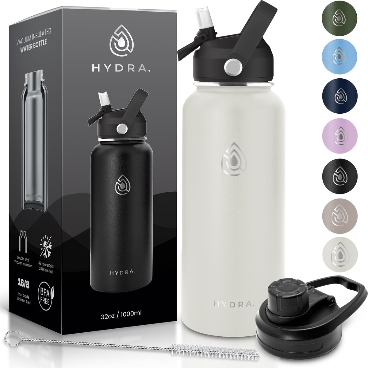 Hydra Essentials® RVS Drinkfles 1 Liter - Thermosfles met Rietje en Draaidop - Dubbelwandig BPA-vrij & Lekvrij - 24u Koud / 24u Warm - Inclusief Schoonmaakborstel - Cadeau voor Volwassenen - Sport, Werk & School - Elegant Silver