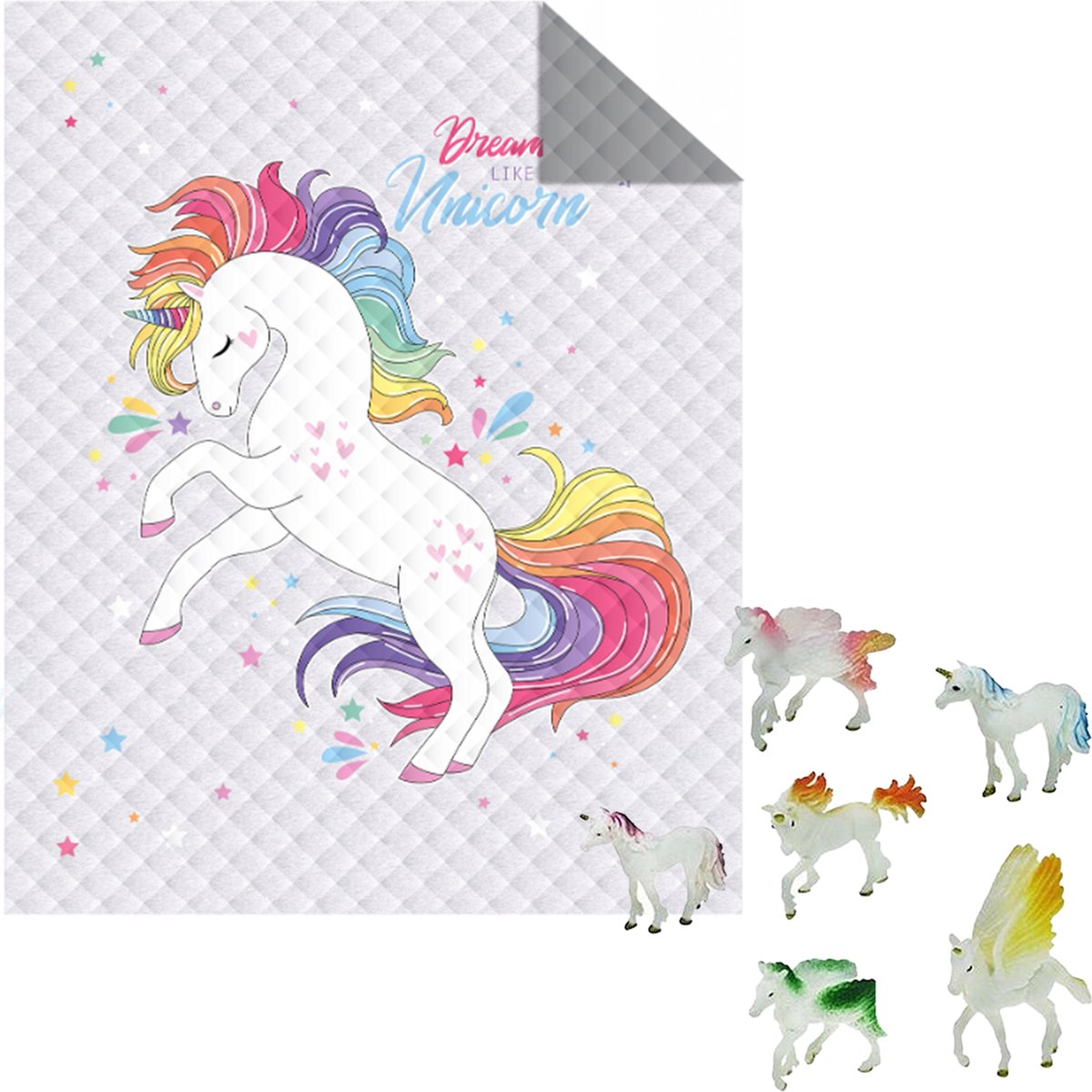 Bedsprei Unicorn - afmeting 170x210 cm - lichtgewicht - gewatteerd - inclusief 6 delig-speelset