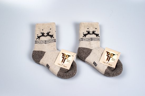 Mongolian Made - Wollen sokken - 100% Schapenwol - Bundel van 2 paar - Maat 18-29 - Bruin/Taupe/Creme - Kindersokken - Zelfreinigend