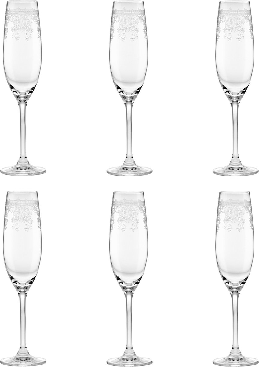 Livellara Luigi XV - Champagne fluit - 200ml - transparant - gegraveerd - zeer elegant design - Set van 6