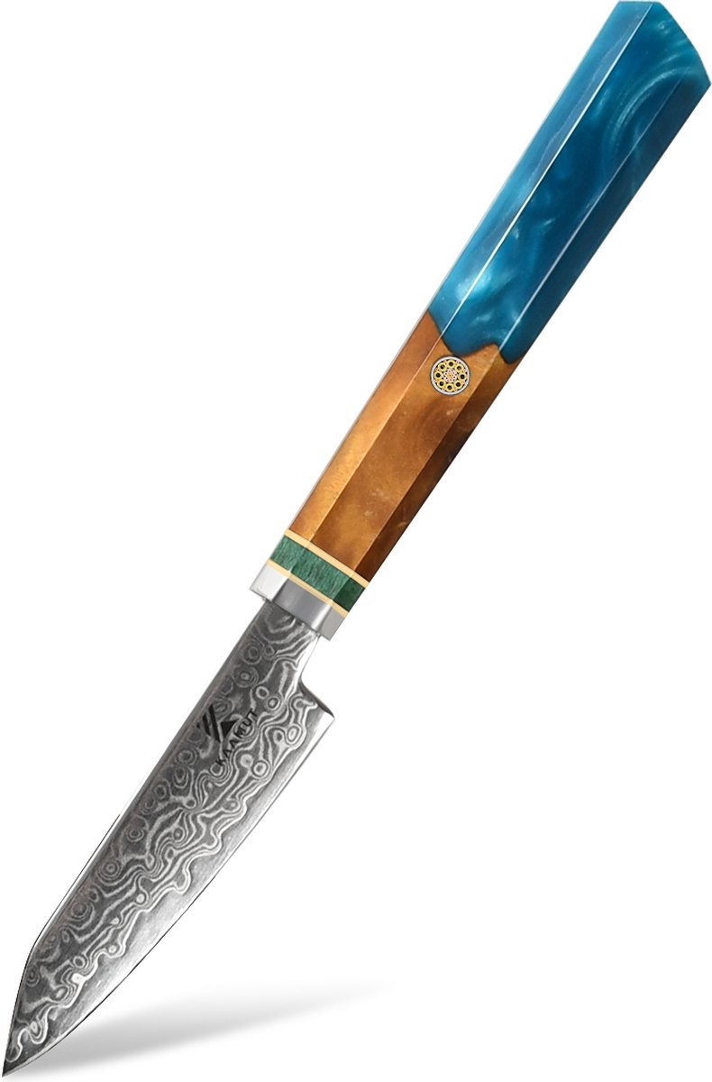 KAAMUT® Schilmes 9 cm 67 Lagen Damascusstaal – Vlijmscherp – Professioneel Koksmes – Handvat van Saffierblauwe Epoxy & Eikenhout