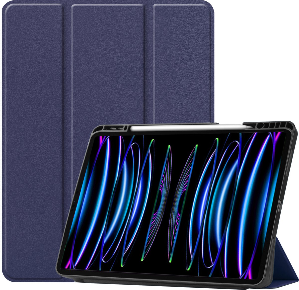 Hoes - Geschikt voor Apple iPad Pro (2022) - 12.9 inch - Dun & Stevig - Trifold Bookcase - Hard Cover Case - Met Uitsparing Geschikt voor Apple Pencil - Hardcover Book - Tablet Hoesje - Donkerblauw