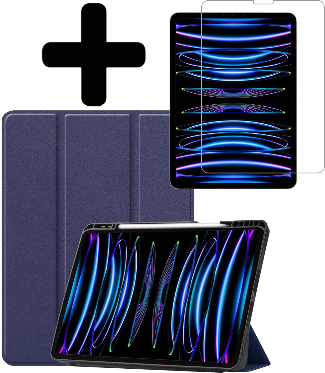 Hoes - Geschikt voor Apple iPad Pro (2022) - 11 inch - 4e generatie - Met Screenprotector - Trifold Bookcase - Hard Cover Case - Met Uitsparing Geschikt voor Apple Pencil - Hardcover Book - Tablet Hoesje - Donkerblauw