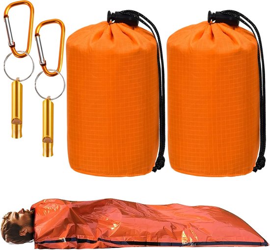 Nood Slaapzak - 2Stuk - Nooddeken - Waterdichte Overlevingsdeken - 210*90cm - PE - Reddingsdeken - Isolatiedeken - Survival Slaapzak - Emergency Sleeping Bag - Nood Tent - Noodtent - Buiten/Wandelen/Kamperen/Hiken - Noodpakket - Noodfluit & Opbergtas