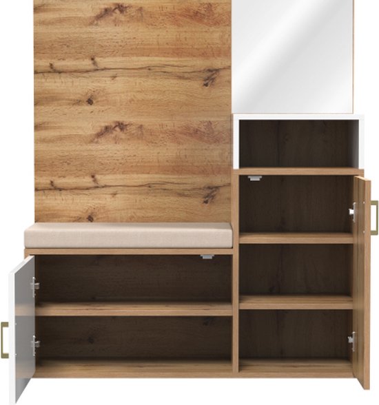 Kleedkamer met spiegel - 110 x 38 x 190 cm - met schoenenkast kapstok LED's - MDF