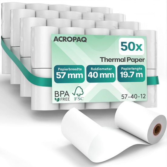ACROPAQ - 50 x Pinrollen 57x40 mm - 19 meter - Thermisch papier BPA-vrij - Kassarollen voor mobiele terminal
