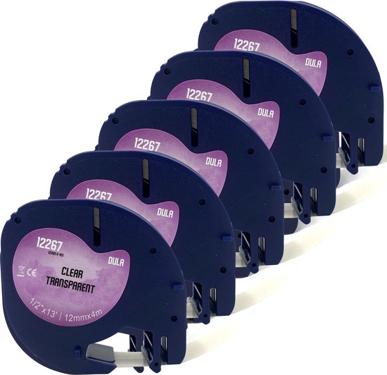 DULA - Dymo LetraTag 12267 - S0721530 - Label Tape - Zwart op Transparant plastic - 12mm x 4m - 5 Stuks