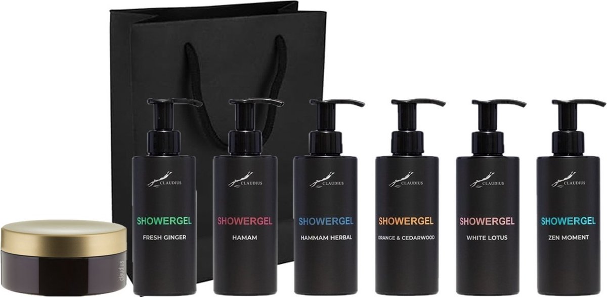 Goedkoopste Douchegel Set - Fresh Ginger Hamam Hammam Herbal Orange & Cedarwood White Lotus Zen Moment en Scrubzout 300 gram - Claudius Cosmetics - bodycare - met luxe gift tas - set van 7 stuks - Showergel - Kerst Cadeau - giftset voor hem en haar