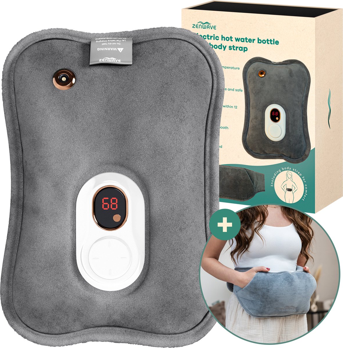 Goedkoopste Zenwave Elektrische Kruik met Hoes - Digitaal Display - Warmtekruik & Waterkruik met Handwarmers - Oplaadbare Warmtekussen - Menstruatie Warmteband - Duurzaam & Draadloos - Kamperen & Outdoor - Warmwaterkruik Grijs