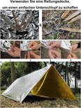 Illustratie van hoe een nooddeken als onderdak wordt gebruikt, met stappen en een tent van zilveren en gouden dekens.