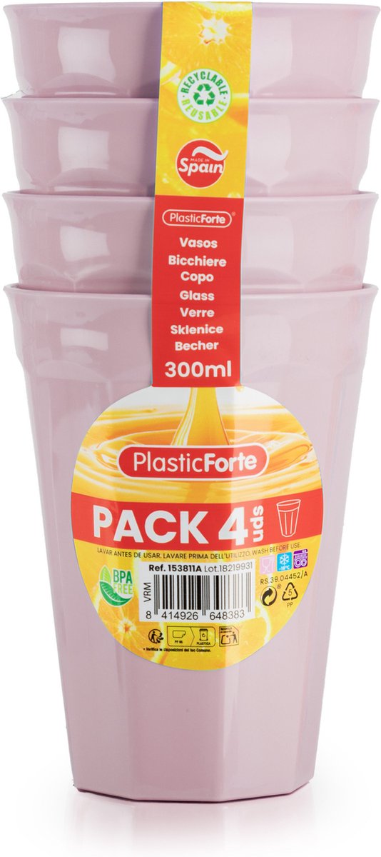 Goedkoopste Plasticforte Verjaardag/kinderen/camping drink bekers - 4x stuks - 300 ML - roze - kunststof - onbreekbaar