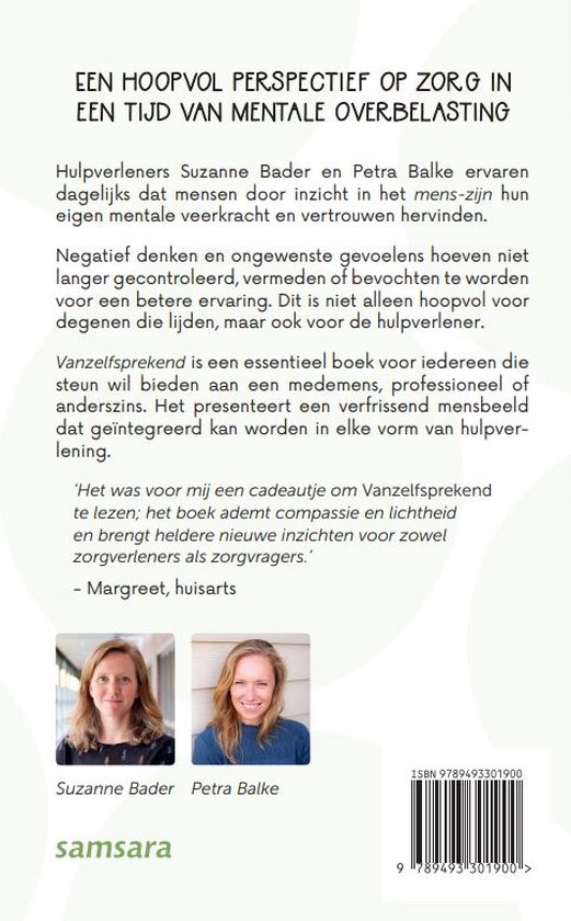 Achterkant boek 'Vanzelfsprekend' met portretten van Suzanne Bader en Petra Balke.