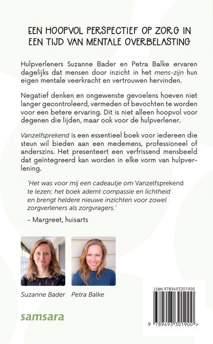 Achterkant boek 'Vanzelfsprekend' met portretten van Suzanne Bader en Petra Balke.
