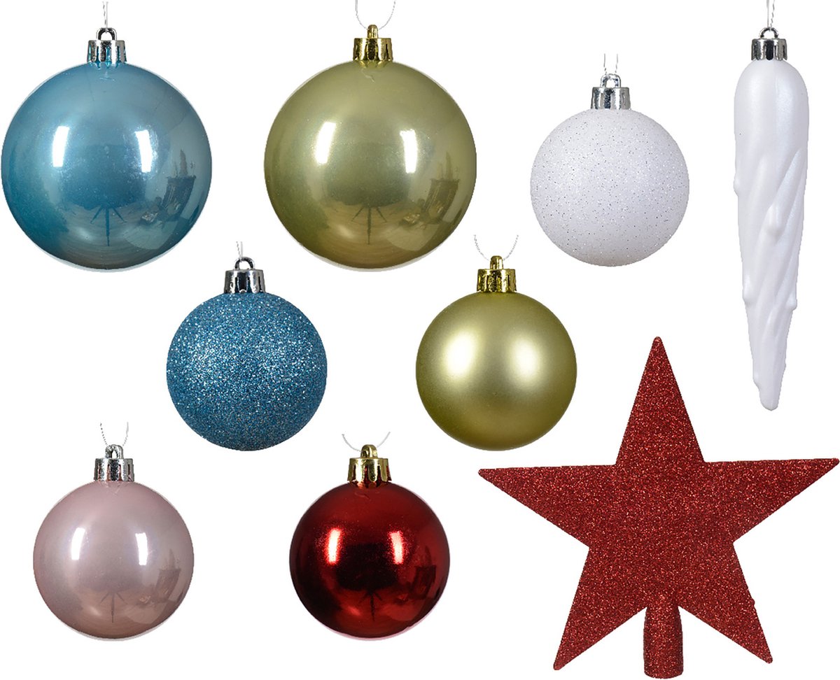 Kerstbal mix rood groen wit roze blw 33 stuks