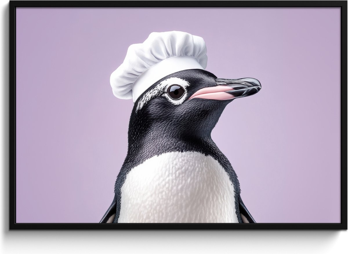 FrameYourWall Fotolijst inclusief poster - Posterlijst 120x80 cm - Posters - Pinguïn - Koksmuts - Lief - Paars - Foto in lijst - Keuken decoratie muur - Wanddecoratie accessoires - Muurdecoratie - Schilderijen Koksmuts - Pinguïn