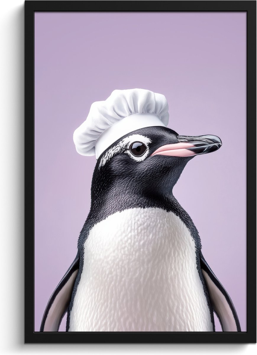 FrameYourWall Fotolijst inclusief poster - Posterlijst 40x60 cm - Posters - Pinguïn - Koksmuts - Lief - Paars - Foto in lijst - Keuken decoratie muur - Wanddecoratie accessoires - Muurdecoratie - Schilderijen Koksmuts - Pinguïn