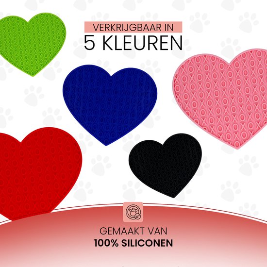 Vijf hartvormige likmatten in rood, groen, blauw, roze en zwart, gemaakt van 100% siliconen.
