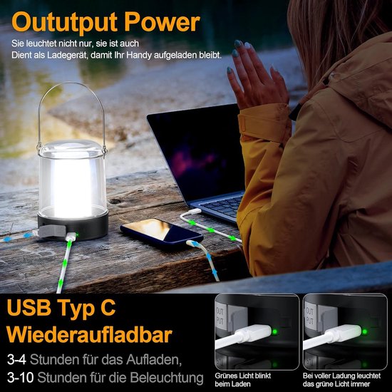 Madame Lampe de camping Jones LED 2600 mAh rechargeable - 3 niveaux de luminosité dimmable IP44 étanche - avec crochet et câble de chargement USB C pour le camping, la randonnée, les coupures de courant - les urgences, etc.