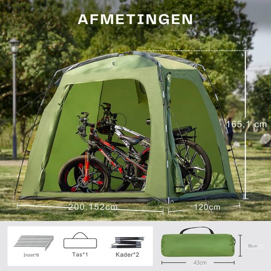 Fietstent - Schuurtent - Opbergtent – Bijzettent Waterdicht en met Opbergtas – Schuurtent Camping – Fiets Garage Voor 1 tot 3 Fietsen – 200 x 120 x 165 cm — afbeelding 3