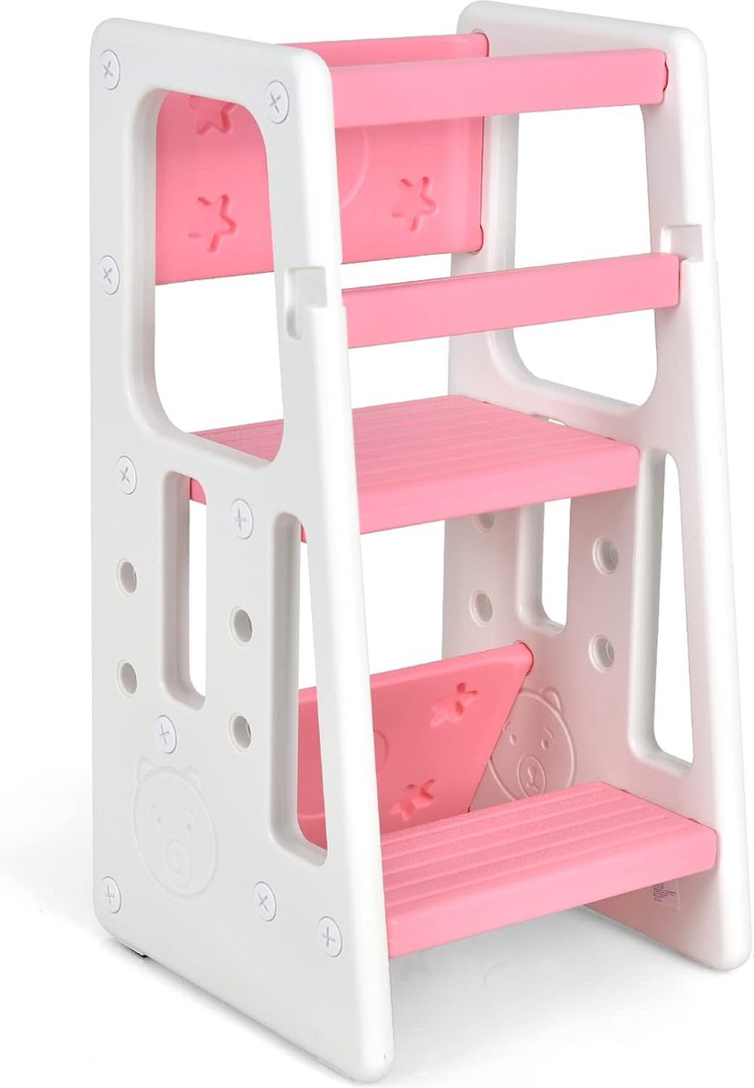 Image of 2-niveaus leertoren met 3 verstelbare hoogtes, leertoren met beschermende reling, leerstoel, keukenhulp voor kinderen van 18-60 maanden (roze)