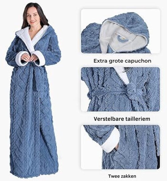 Mnemo Dames fleece badjas lange mouwen ochtendjas winter saunamantel