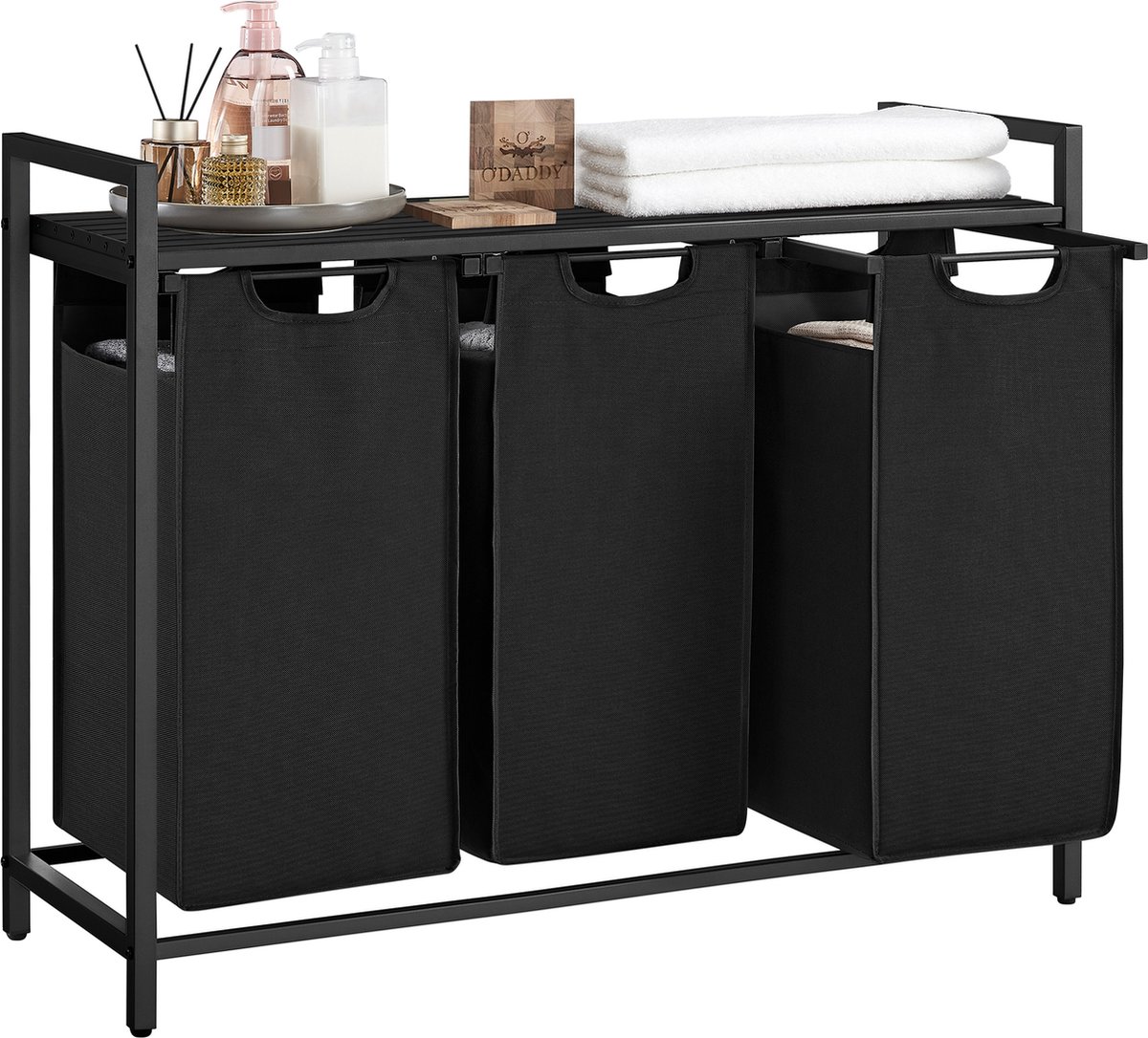 Goedkoopste O'DADDY® Wasmand 3 vakken – wassorteerder - uitschuifbaar met plank - 92.5 x 33 x 71 cm – wasmand - 114L verdeeld over 3 zakken – wasmanden – wasmand zwart metaal - dark grey