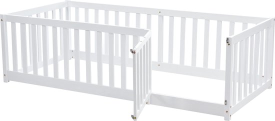 Merax Kinderbed 90x200cm, Huisbed met 2 laden & kleine trap, houten bed met valbescherming, dak & lattenbodem, stabiel slaaphuis met vierzijdige omheining, halfhoog bed voor meisjes/jongens, wit