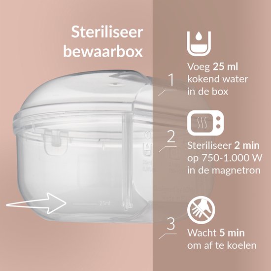 Difrax Lovi sterilisatie bewaarbox met instructies: voeg 25 ml kokend water toe, steriliseer 2 min in de magnetron en wacht 5 min.