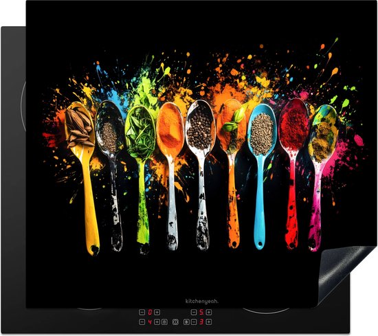 KitchenYeah® Protection plaque induction 60x52 cm - Cuillères - Épices - Moderne - Peinture - Colorée - Protege plaque de cuisson - Couvre plaque induction - Protecteur d'induction - Cuisine