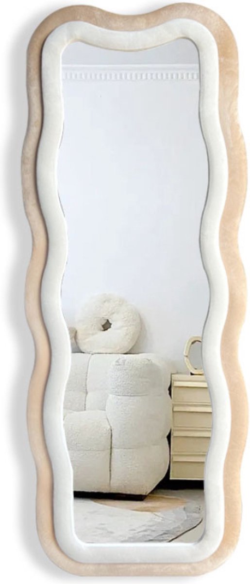 SensaHome Flow Gestoffeerde Staande Spiegel - Passpiegel Suede Velvet - 60x160 - Beige/Wit