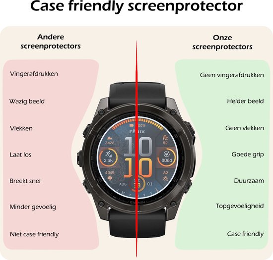 Vergelijking van Nomfy schermprotectoren met andere: geen vingerafdrukken, helder beeld, geen vlekken, goede grip, duurzaam, topgevoeligheid, case friendly.