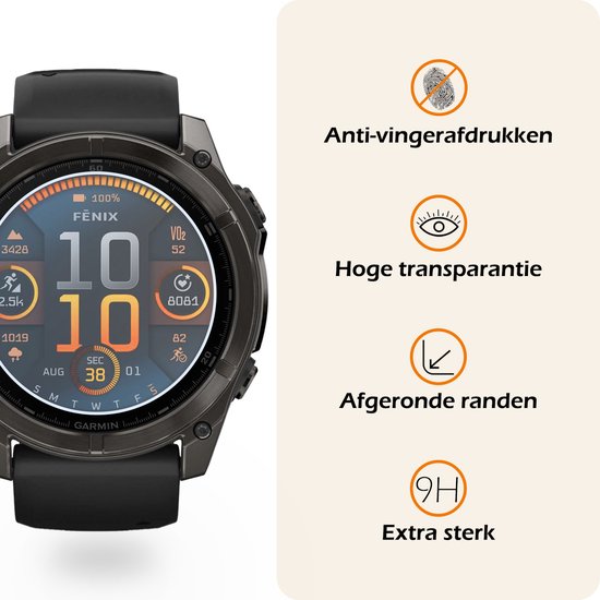 Nomfy schermprotector op een Garmin Fenix horloge: anti-vingerafdrukken, hoge transparantie, afgeronde randen, extra sterk (9H).