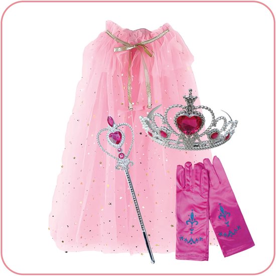 Prinsessenjurk meisje Roze Glitter - Roze Jurk + Kroon + Toverstaf + Handschoenen - Prinses