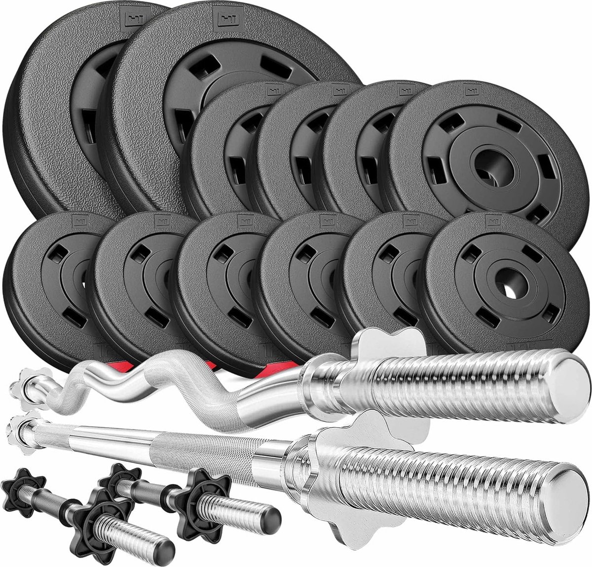 Hop-Sport Halterset 45 kg - Fitnessgewichtenset met Lange Halterstang, Curl Stang en Korte Halters - Inclusief 2 x 5 kg, 4 x 2,5 kg en 6 x 1,25 kg Gietijzeren Halterschijven