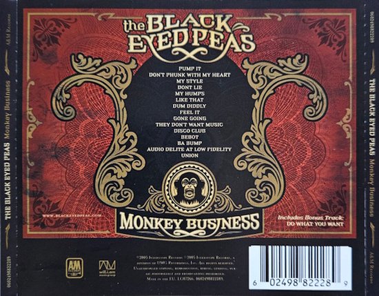 Achterkant van de cd-hoes van 'Monkey Business' van The Black Eyed Peas, met de tracklist en een afbeelding van een aap.