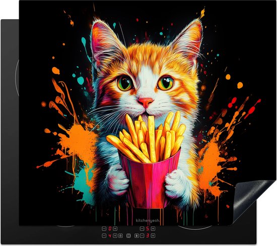 Kleurrijke inductiebeschermer met een kat die een bakje frietjes vasthoudt, tegen een zwarte achtergrond met spatten.