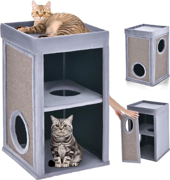 FANTASK Kattenhol met 3 verdiepingen, kattenhuis met krabplank en 3 matten, speelvat voor katten tot 20 kg, kattentoren, krabpaal, kattenmeubel
