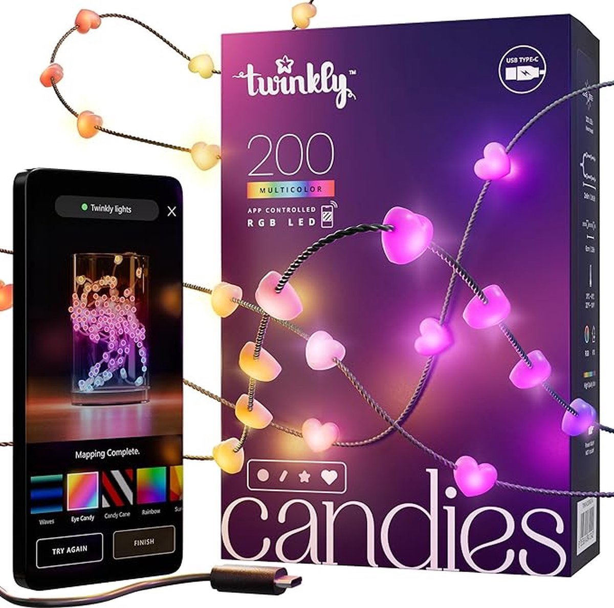 Twinkly Candies Hearts Lichtsnoer - 200 LED RGB - 12 meter - App-gestuurd - Binnen - Groen snoer – foto 8