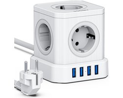 Voomy Cube Stekkerdoos met USB en Schakelaar - 5 Stopcontacten - 4 USB Poorten - Powercube - Overspanningsbeveiliging - 2M Verlengsnoer - Wit