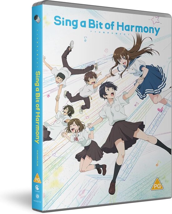 Dvd-hoes van de animefilm 'Sing a Bit of Harmony' met dezelfde poster van jongeren in schooluniformen die dansen.