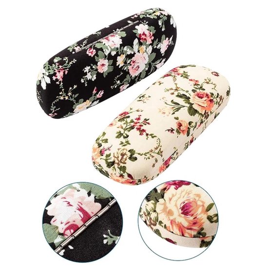 2 Stuks Brillenkoker Harde Brillenkoker voor Vrouwen Retro Draagbare Bloemenstof Brillenkoker (abrikoos, Zwart), abrikoos, zwart, M